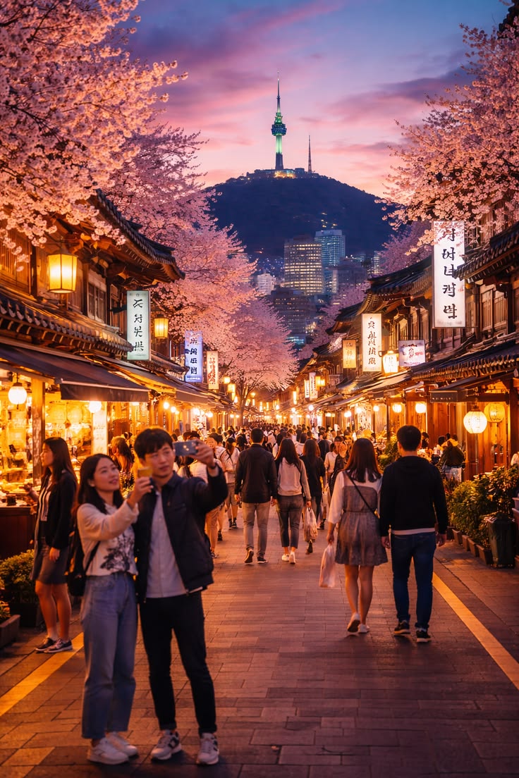 Seoul city street with cherry blossoms, 2023